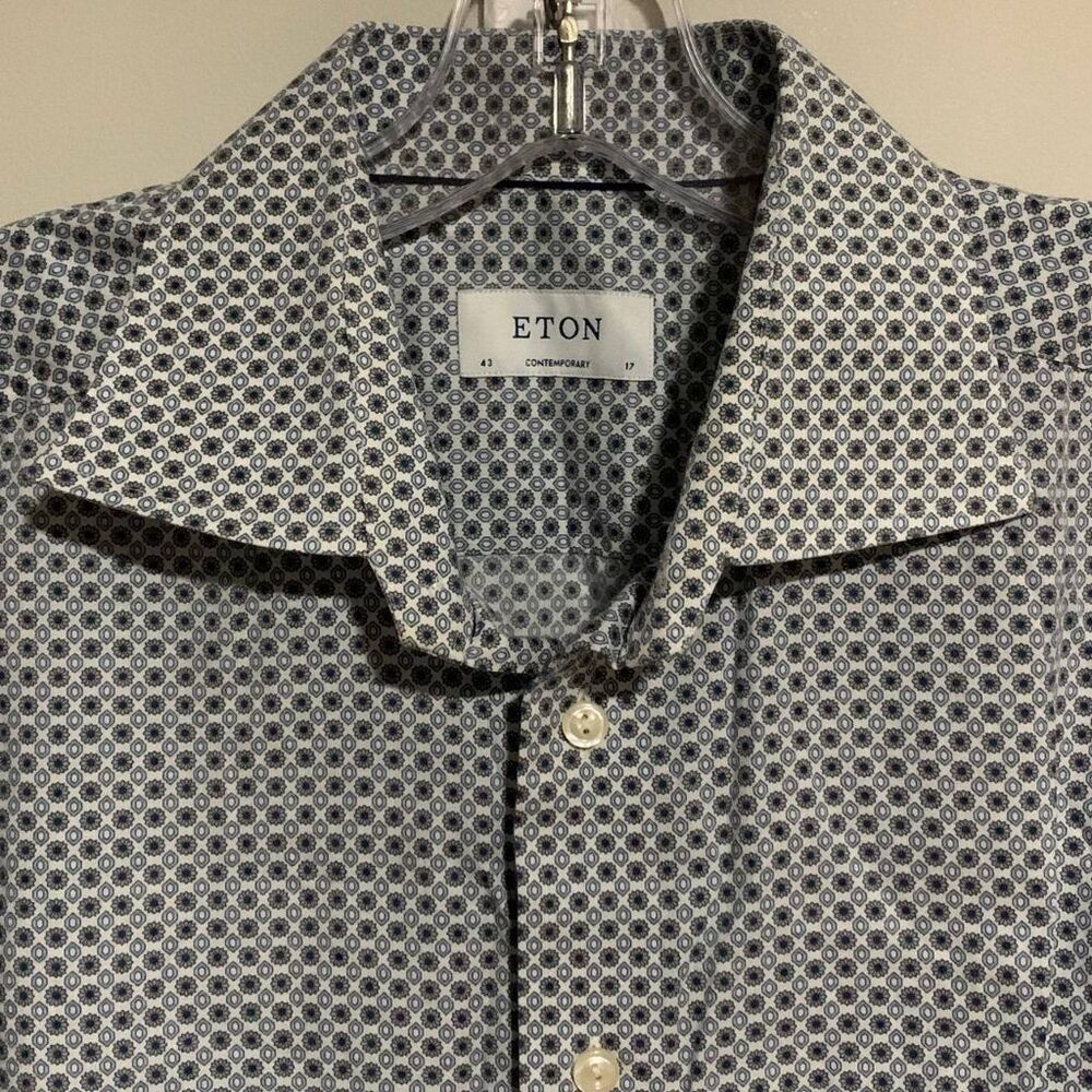 Eton Contemporary Dress Shirt 43/17 Blue Floral Geometric Print Long Sleeve